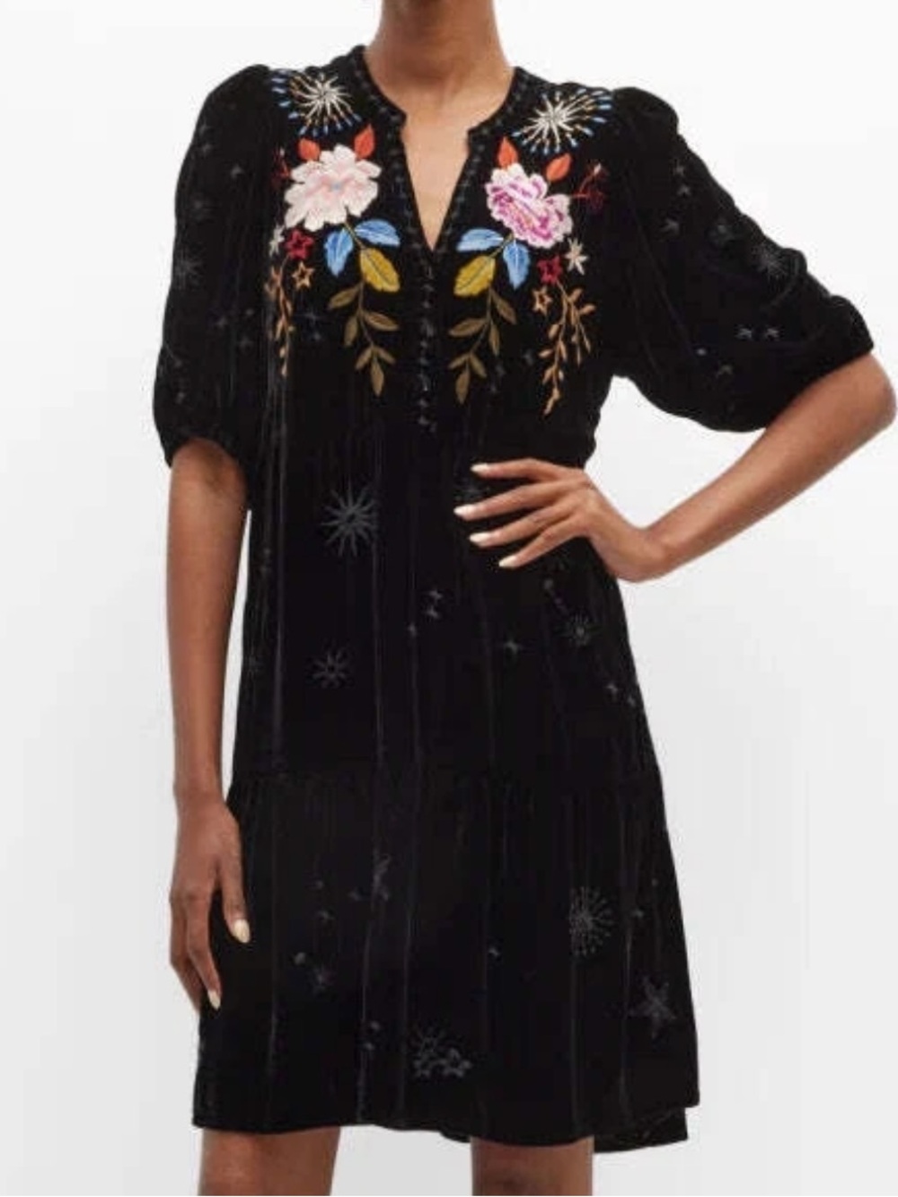 Johnny Was Large Celestine Black Embroidered Short Sleeve A-Line Velvet Dress